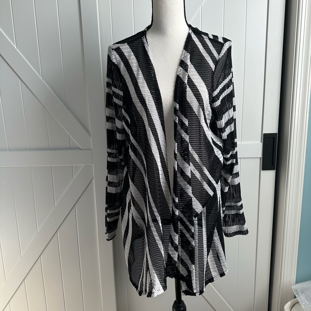Christopher & Banks Black White Striped Open Cardigan Size Large Lightweight